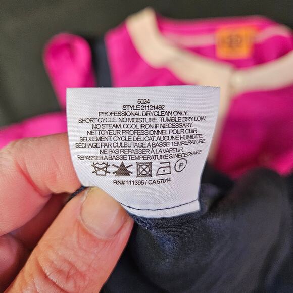 Tory Burch Angie Magenta Normandy Blue Lichee Silk Dress Size 8 Colorblock READ - Picture 6 of 12